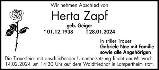 Traueranzeige von Herta Zapf von Mannheimer Morgen