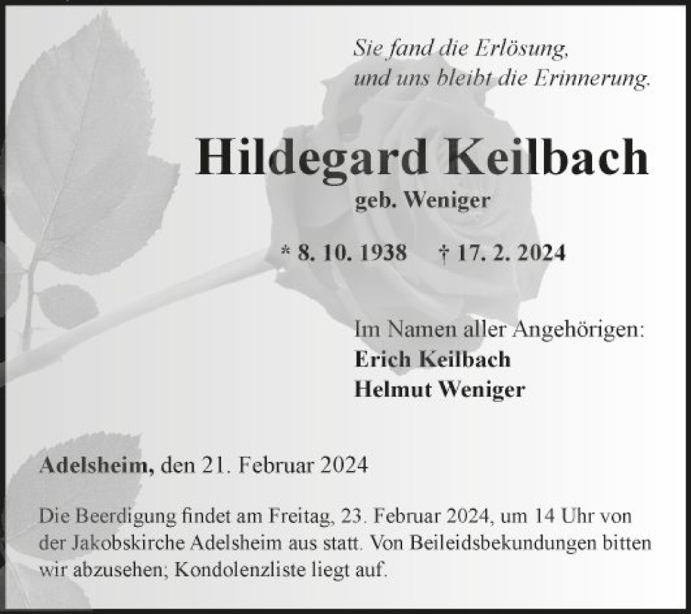  Traueranzeige für Hildegard Keilbach vom 21.02.2024 aus Fränkische Nachrichten