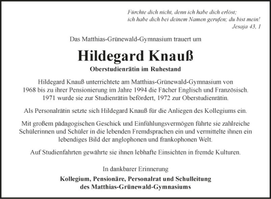 Traueranzeige von Hildegard Knauß von Fränkische Nachrichten