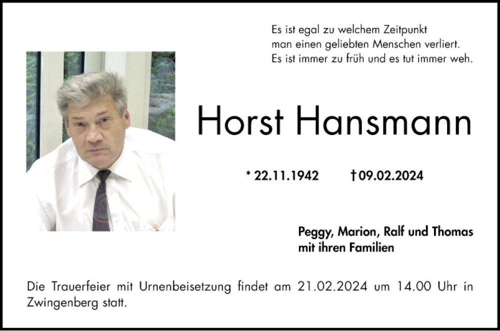  Traueranzeige für Horst Hansmann vom 17.02.2024 aus Bergsträßer Anzeiger