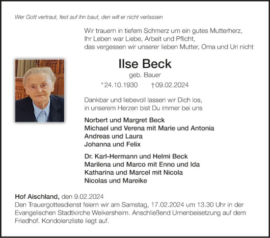 Traueranzeige von Ilse Beck von Fränkische Nachrichten