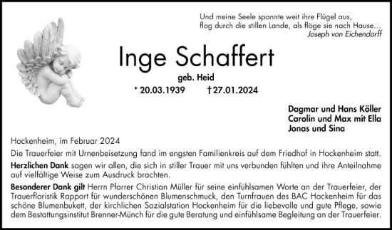 Traueranzeige von Inge Schaffert von Schwetzinger Zeitung