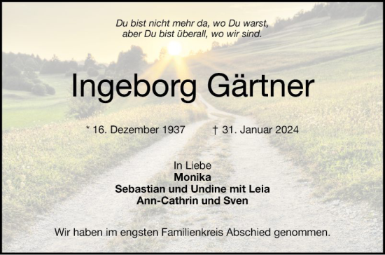 Traueranzeige von Ingeborg Gärtner von Schwetzinger Zeitung