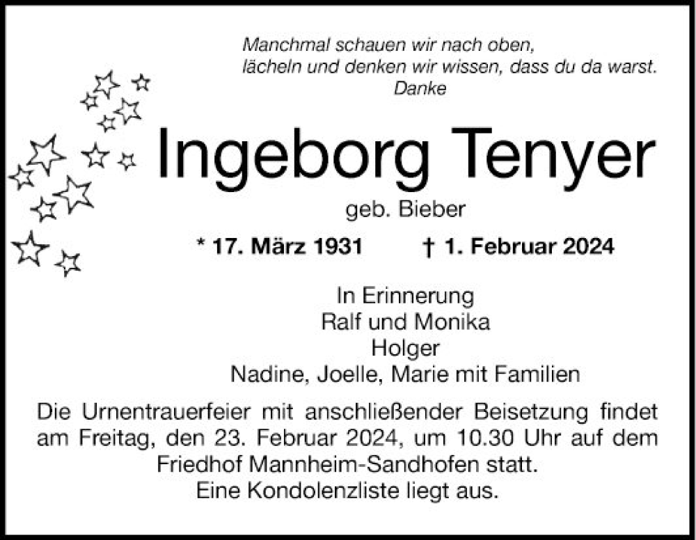  Traueranzeige für Ingeborg Tenyer vom 10.02.2024 aus Mannheimer Morgen