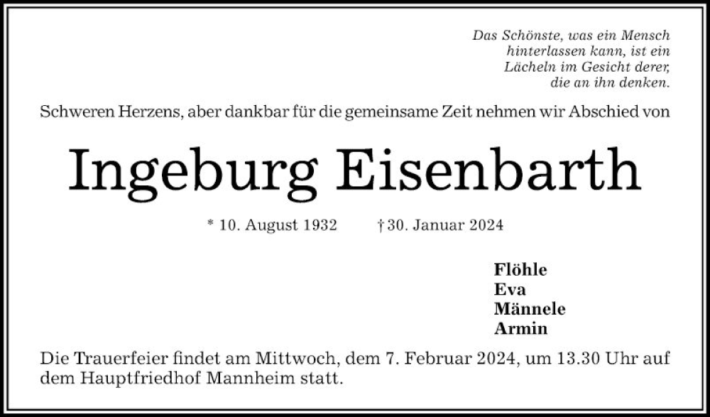  Traueranzeige für Ingeburg Eisenbarth vom 03.02.2024 aus Mannheimer Morgen