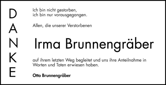 Traueranzeige von Irma Brunnengräber von Bergsträßer Anzeiger