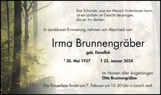 Traueranzeige von Irma Brunnengräber von Bergsträßer Anzeiger