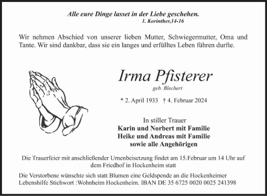 Traueranzeige von Irma Pfisterer von Schwetzinger Zeitung