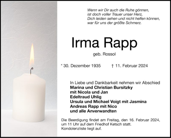Traueranzeige von Irma Rapp von Schwetzinger Zeitung