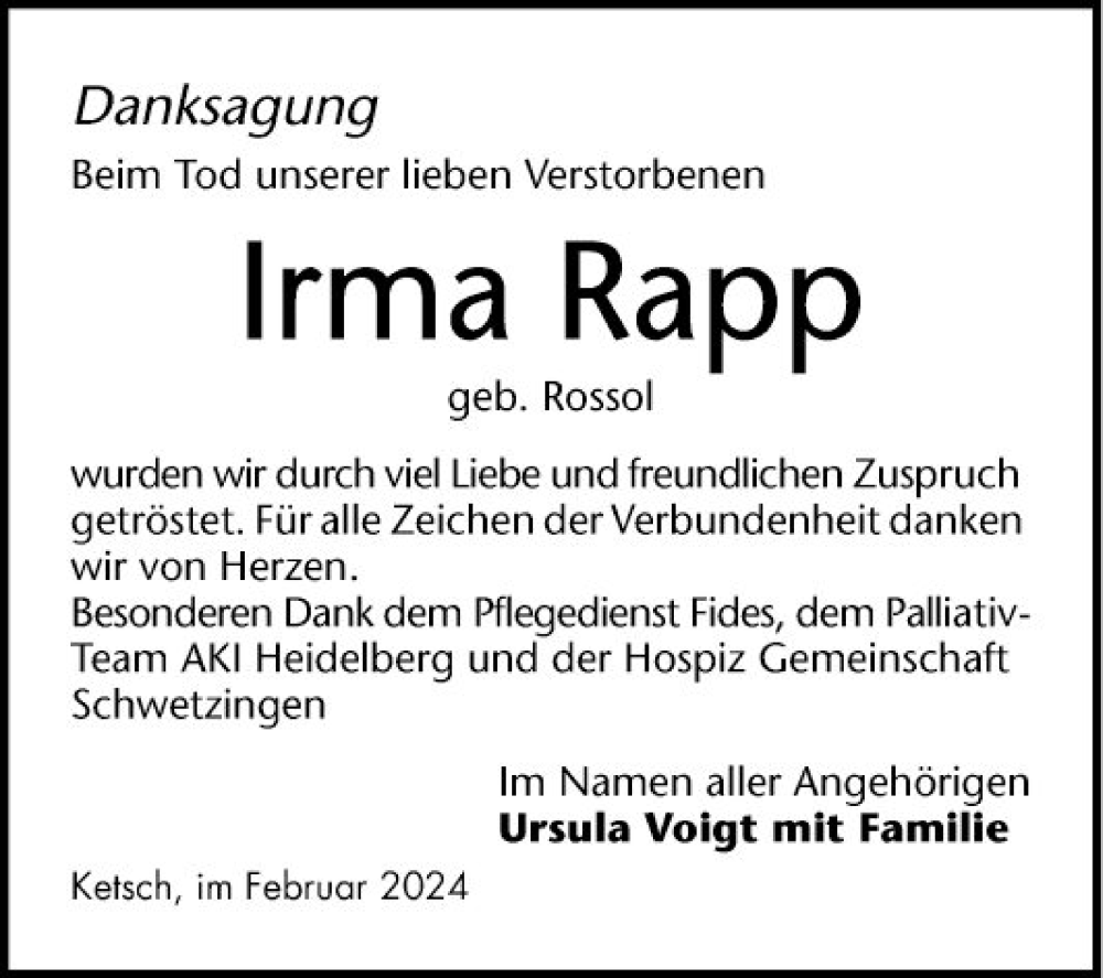  Traueranzeige für Irma Rapp vom 24.02.2024 aus Schwetzinger Zeitung