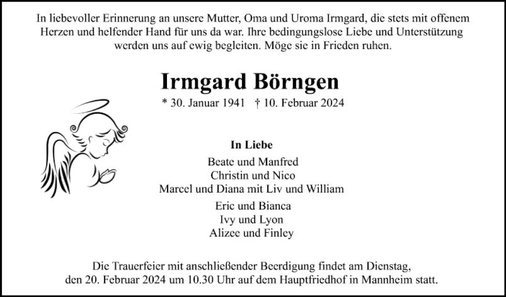  Traueranzeige für Irmgard Börngen vom 17.02.2024 aus Mannheimer Morgen