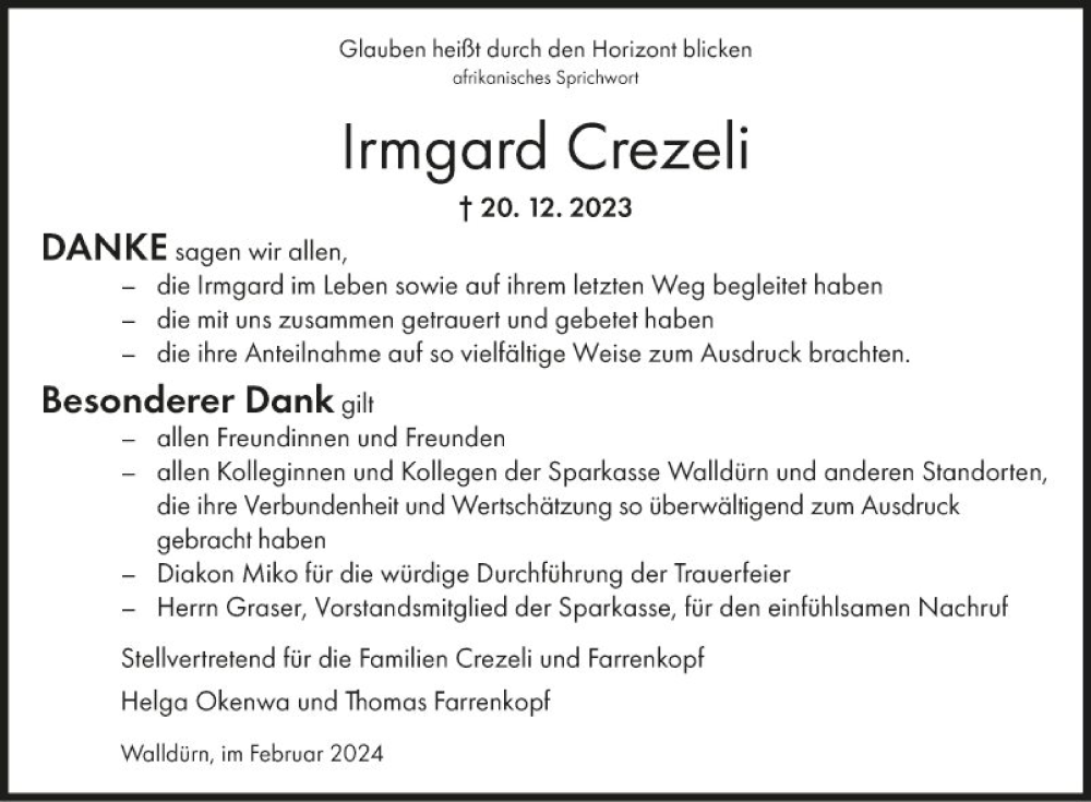  Traueranzeige für Irmgard Crezeli vom 17.02.2024 aus Fränkische Nachrichten