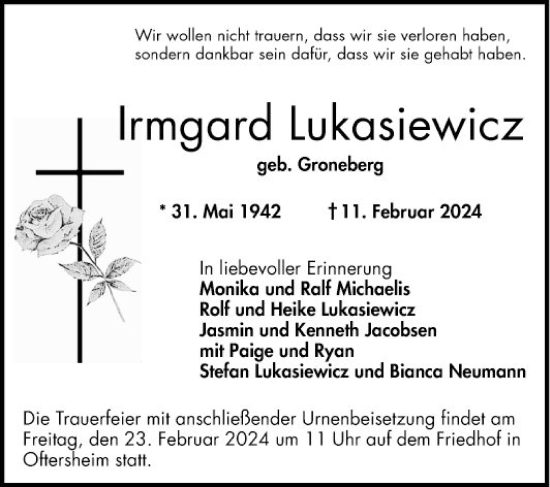 Traueranzeige von Irmgard Lukasiewicz von Schwetzinger Zeitung