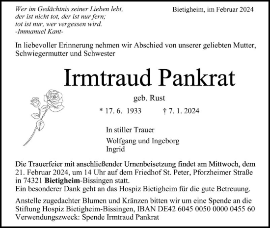 Traueranzeige von Irmtraud Dankrat von Schwetzinger Zeitung