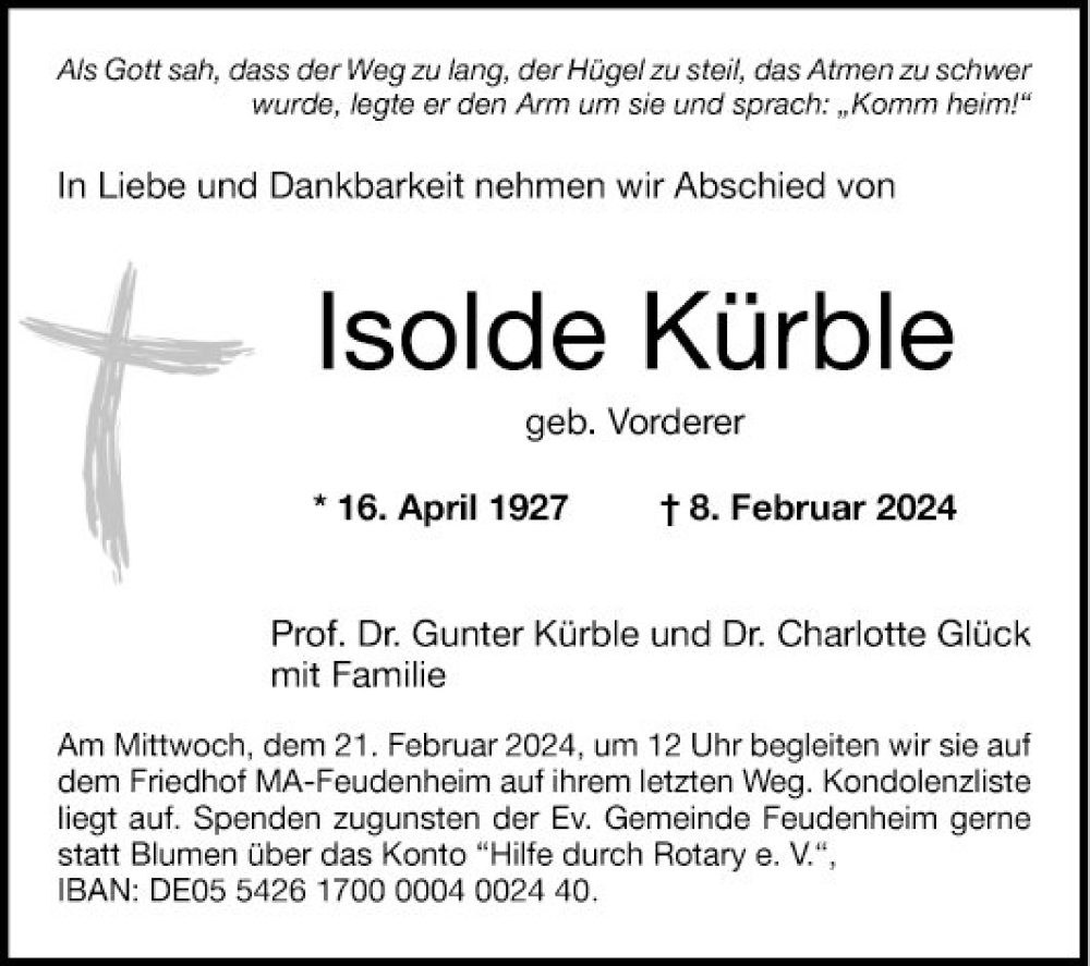 Traueranzeige für Isolde Kürble vom 17.02.2024 aus Mannheimer Morgen