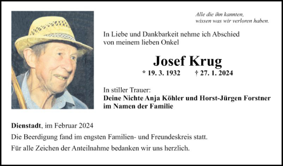 Traueranzeige von Josef Krug von Fränkische Nachrichten