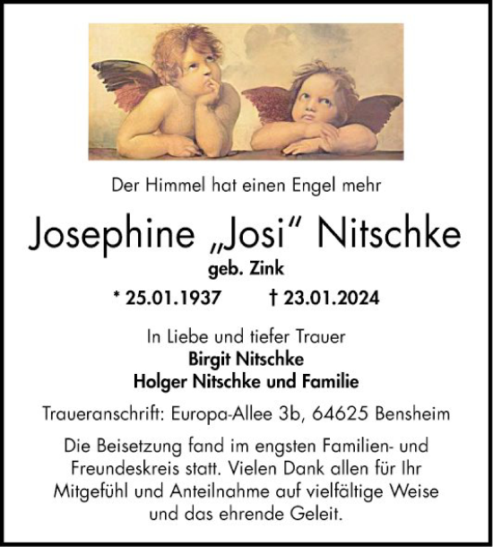 Traueranzeige von Josephine Josi Nitschke von Bergsträßer Anzeiger