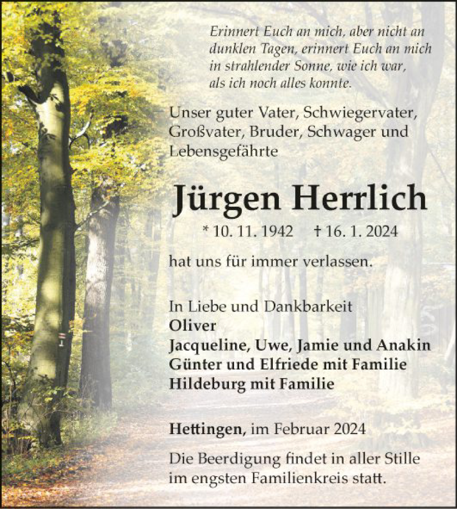 Traueranzeige für Jürgen Herrlich vom 03.02.2024 aus Fränkische Nachrichten