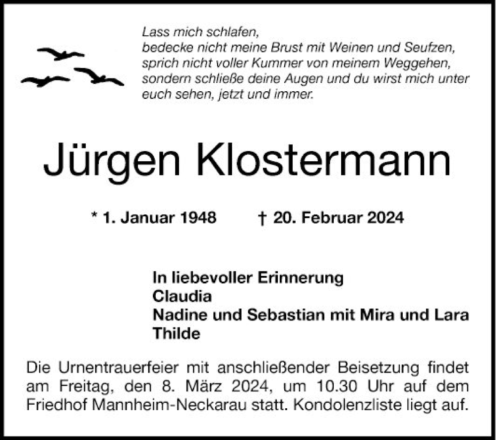  Traueranzeige für Jürgen Klostermann vom 24.02.2024 aus Mannheimer Morgen