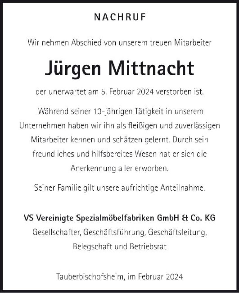  Traueranzeige für Jürgen Mittnacht vom 24.02.2024 aus Fränkische Nachrichten