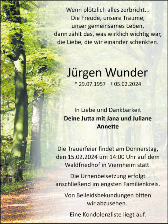 Traueranzeige von Jürgen Wunder von Mannheimer Morgen