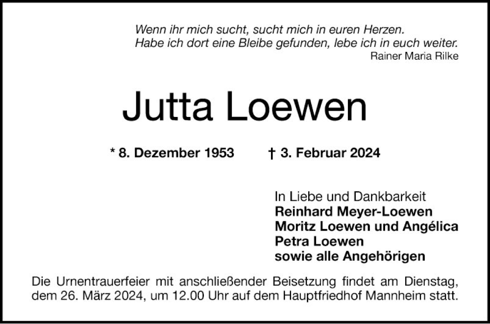  Traueranzeige für Jutta Loewen vom 24.02.2024 aus Mannheimer Morgen