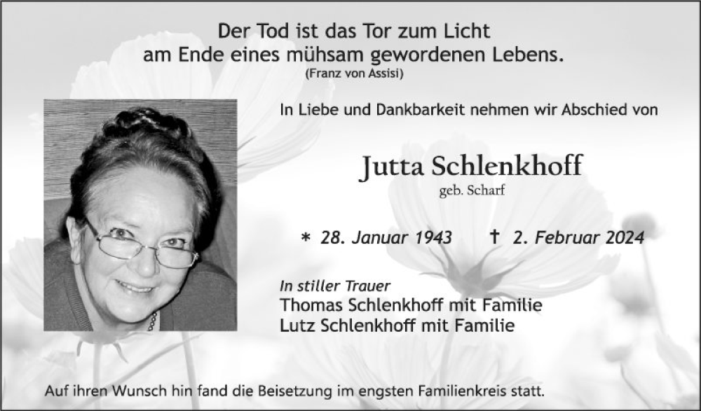  Traueranzeige für Jutta Schlenkhoff vom 16.02.2024 aus Fränkische Nachrichten