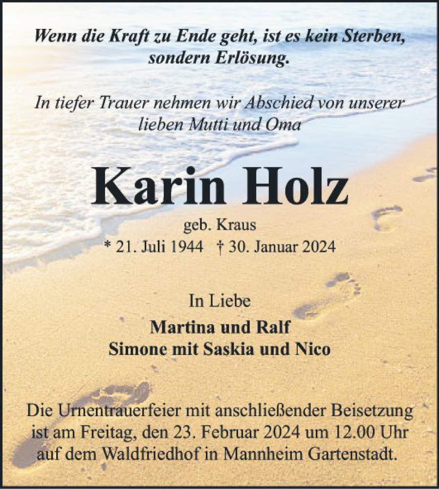  Traueranzeige für Karin Holz vom 10.02.2024 aus Mannheimer Morgen