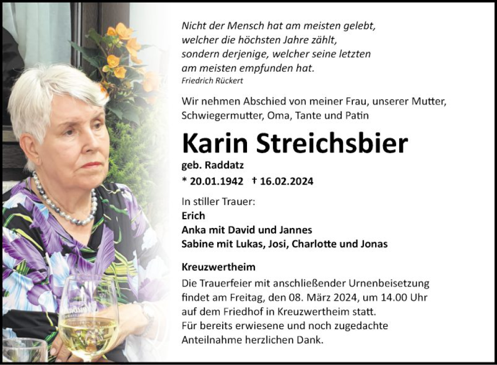  Traueranzeige für Karin Streichsbier vom 24.02.2024 aus Fränkische Nachrichten