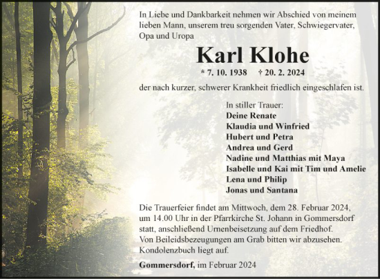 Traueranzeige von Karl Klohe von Fränkische Nachrichten