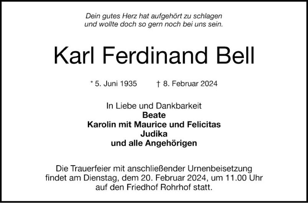  Traueranzeige für Karl Ferdinand Bell vom 17.02.2024 aus Schwetzinger Zeitung