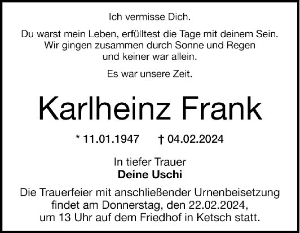  Traueranzeige für Karlheinz Frank vom 17.02.2024 aus Schwetzinger Zeitung