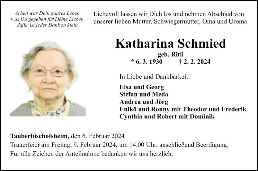  Traueranzeige für Katharina Schmied vom 06.02.2024 aus Fränkische Nachrichten