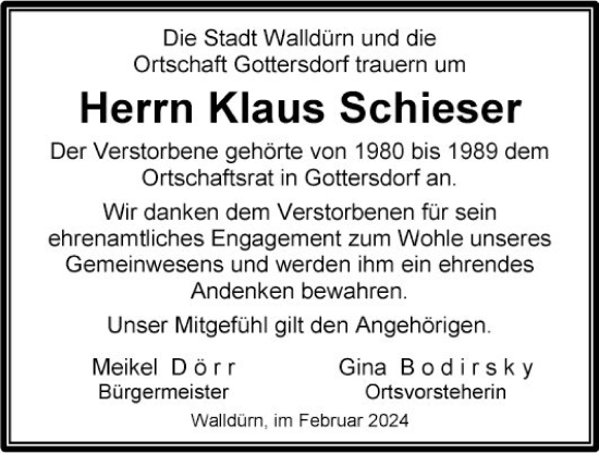 Traueranzeige von Klaus Schieser von Fränkische Nachrichten