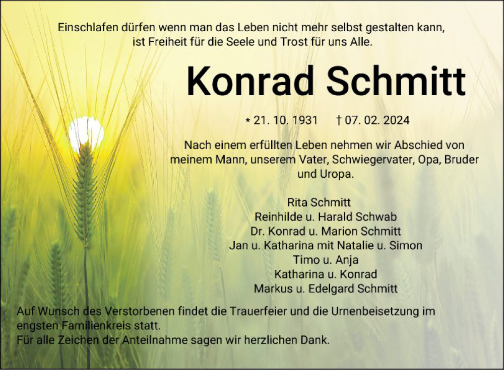  Traueranzeige für Konrad Schmitt vom 10.02.2024 aus Fränkische Nachrichten