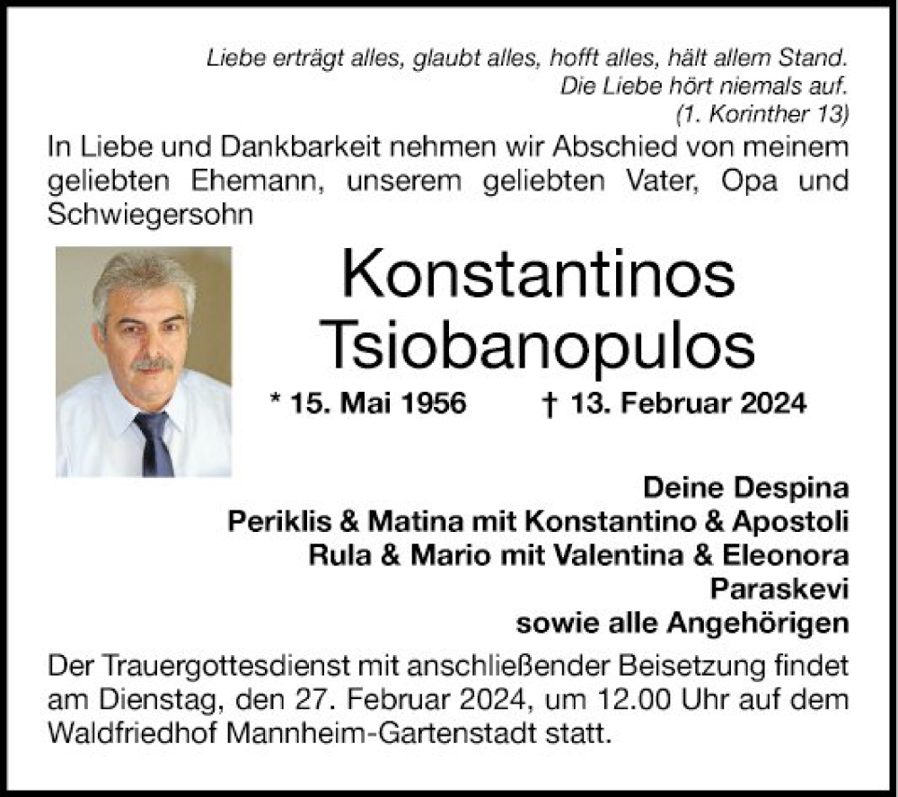  Traueranzeige für Konstantinos Tsiobanopulos vom 24.02.2024 aus Mannheimer Morgen