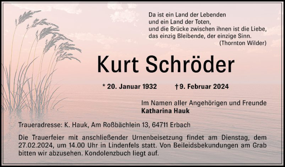  Traueranzeige für Kurt Schröder vom 17.02.2024 aus Bergsträßer Anzeiger
