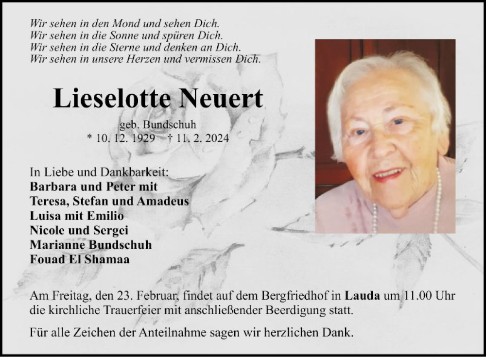  Traueranzeige für Lieselotte Neuert vom 17.02.2024 aus Fränkische Nachrichten