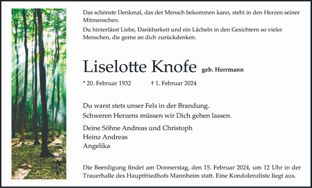  Traueranzeige für Liselotte Knofe vom 10.02.2024 aus Mannheimer Morgen