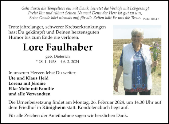 Traueranzeige von Lore Faulhaber von Fränkische Nachrichten
