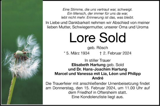 Traueranzeige von Lore Sold von Schwetzinger Zeitung