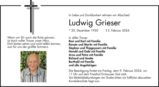 Traueranzeige von Ludwig Grieser von Bergsträßer Anzeiger