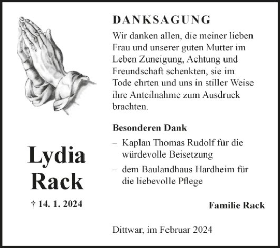 Traueranzeige von Lydia Rack von Fränkische Nachrichten