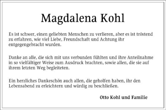 Traueranzeige von Magdalena Kohl von Schwetzinger Zeitung