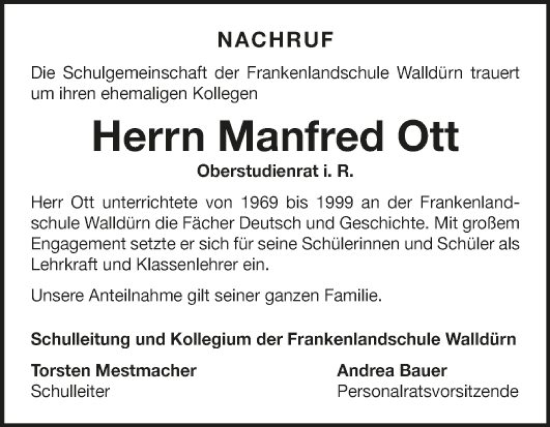 Traueranzeige von Manfred Ott von Fränkische Nachrichten