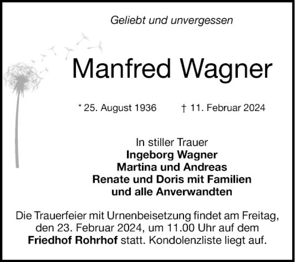  Traueranzeige für Manfred Wagner vom 17.02.2024 aus Mannheimer Morgen