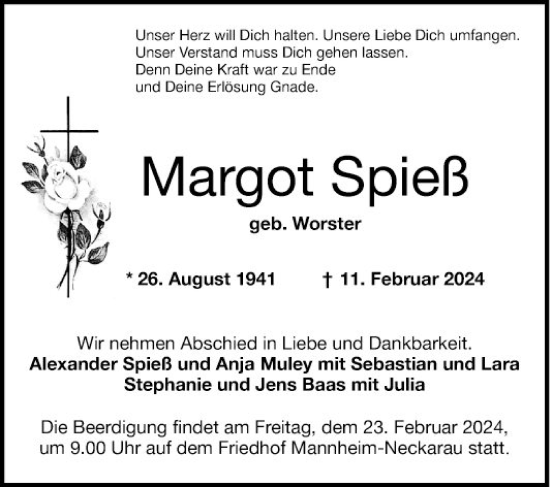 Traueranzeige von Margot Spieß von Mannheimer Morgen