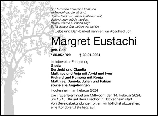 Traueranzeige von Margret Eustachi von Schwetzinger Zeitung