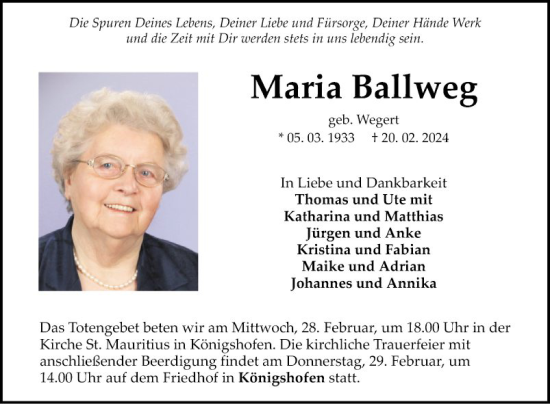 Traueranzeige von Maria Ballweg von Fränkische Nachrichten
