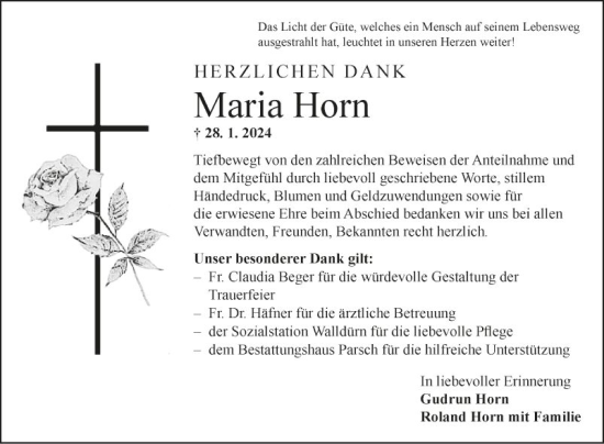 Traueranzeige von Maria Horn von Fränkische Nachrichten